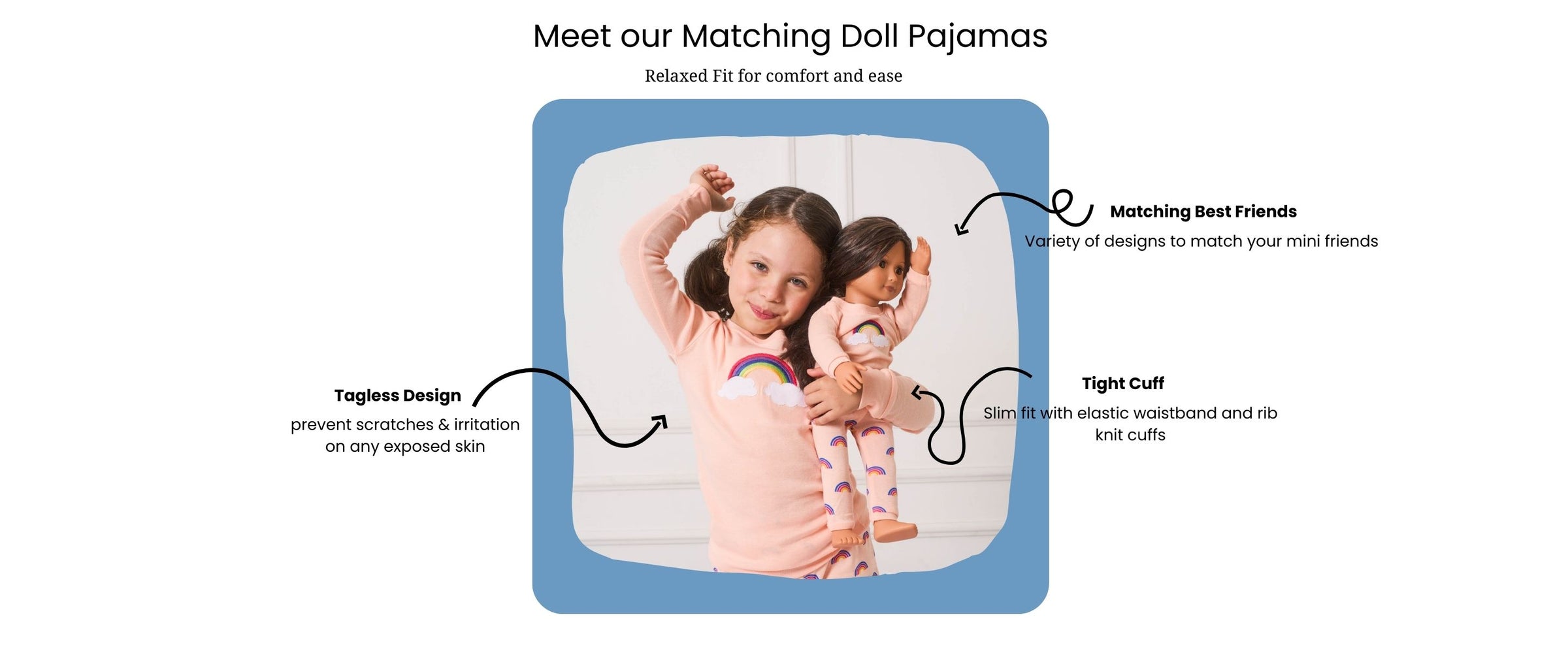 matching girl and doll pajamas, girl and doll wearing retro rainbow pajamas in light pink