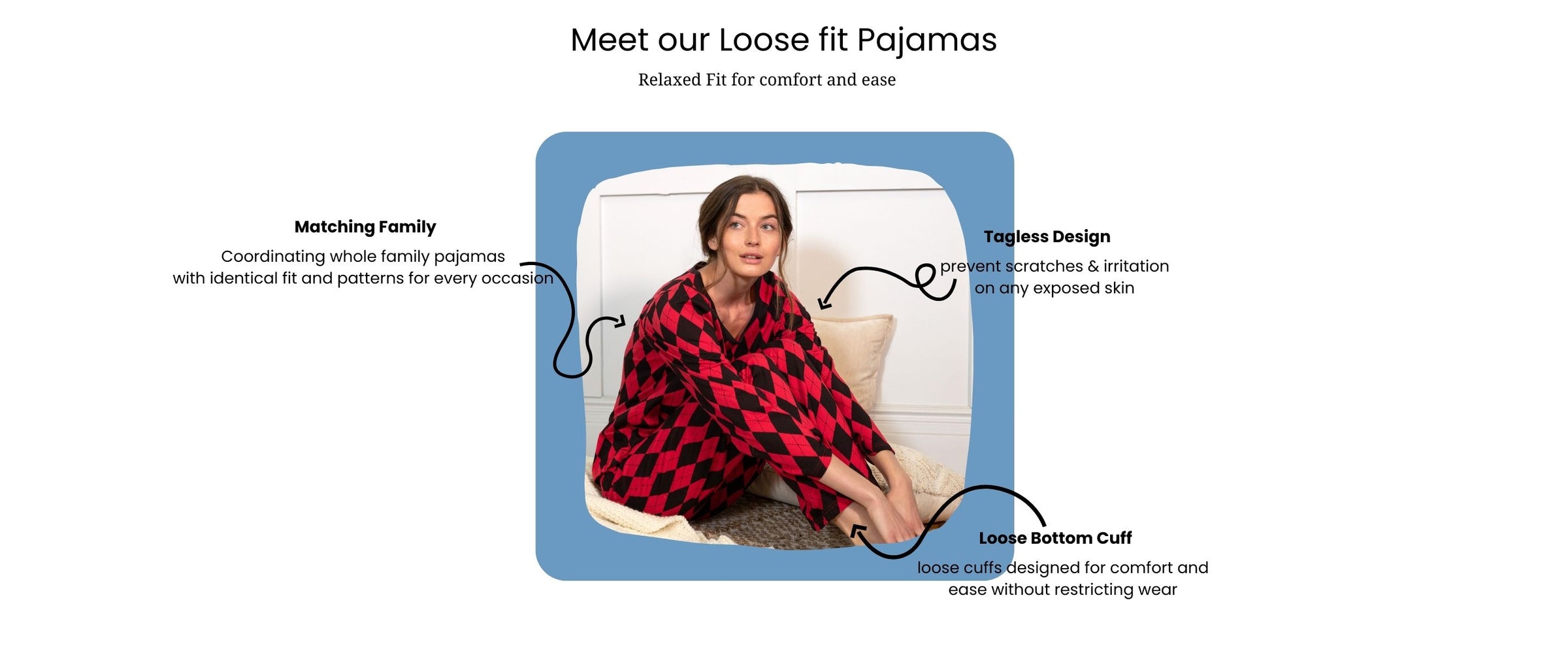 meet our loose fit pajamas, woman wearing black and red loose fit argyle pajama