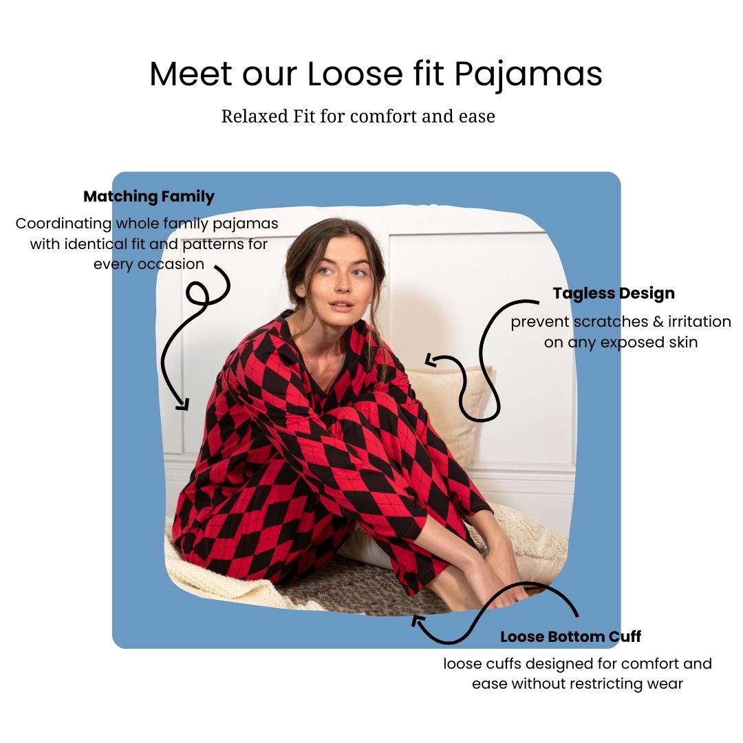 meet our loose fit pajamas, woman wearing black and red loose fit argyle pajama
