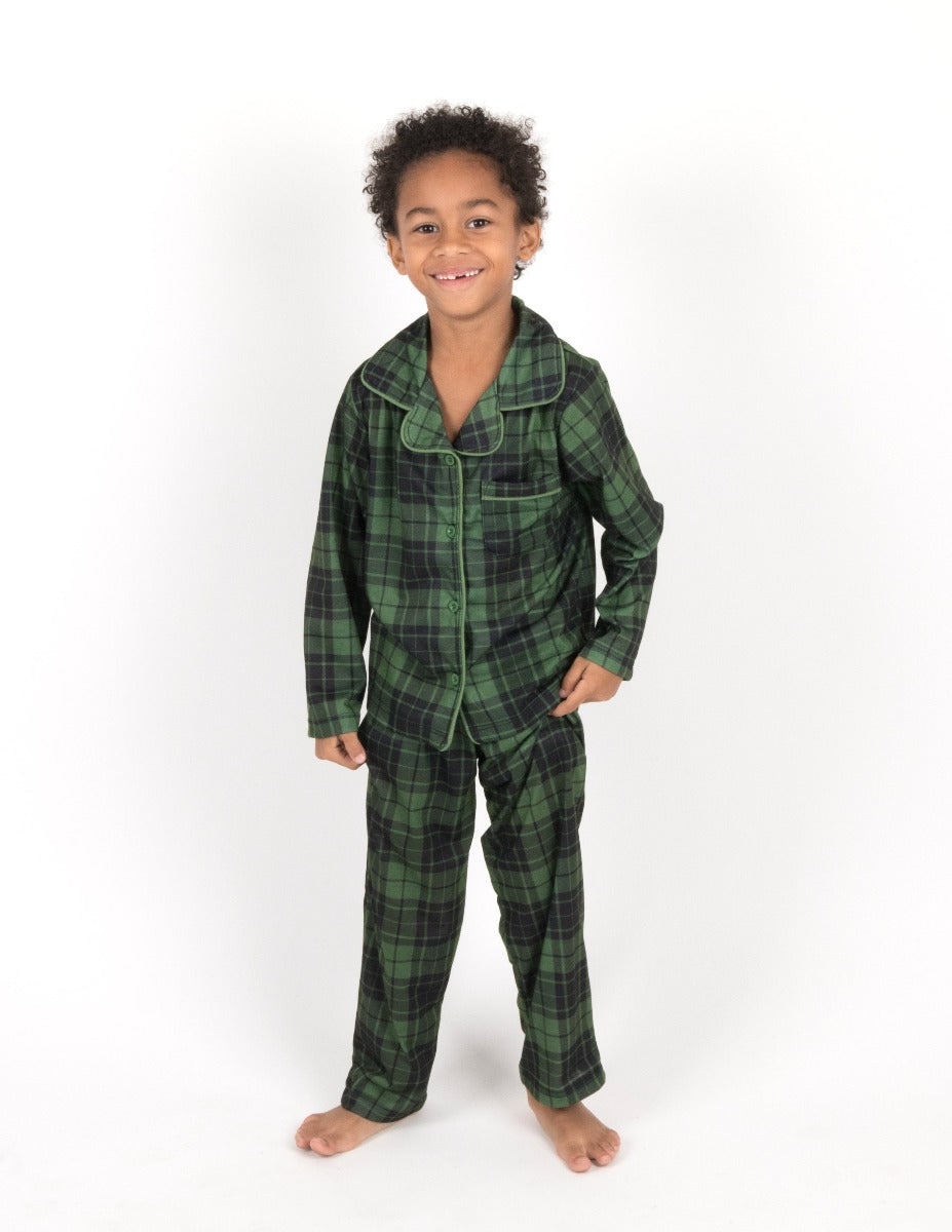 green and black plaid kids flannel pajama