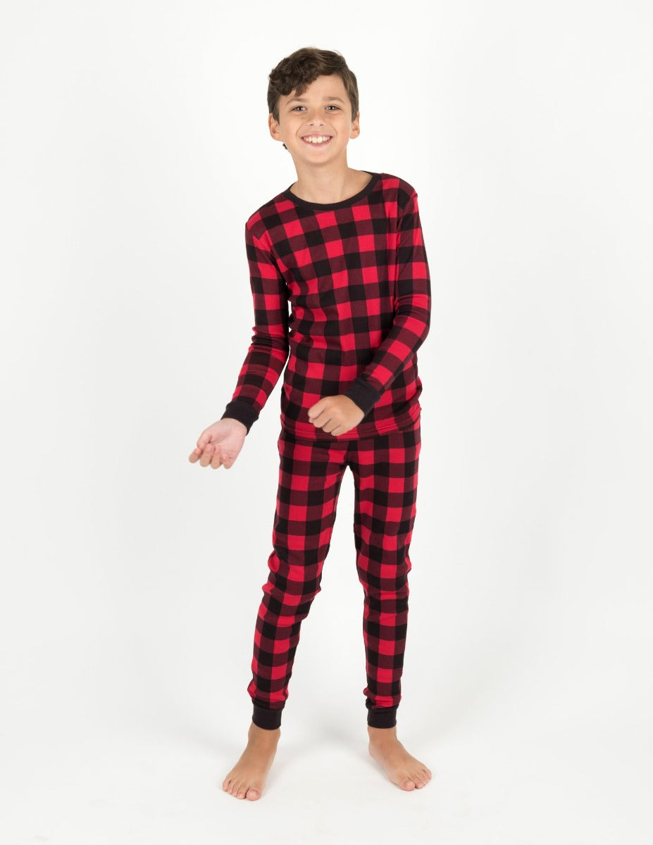 Pajama Set Boys Checked Pjs Leveret Kids Cotton Red Black Plaid