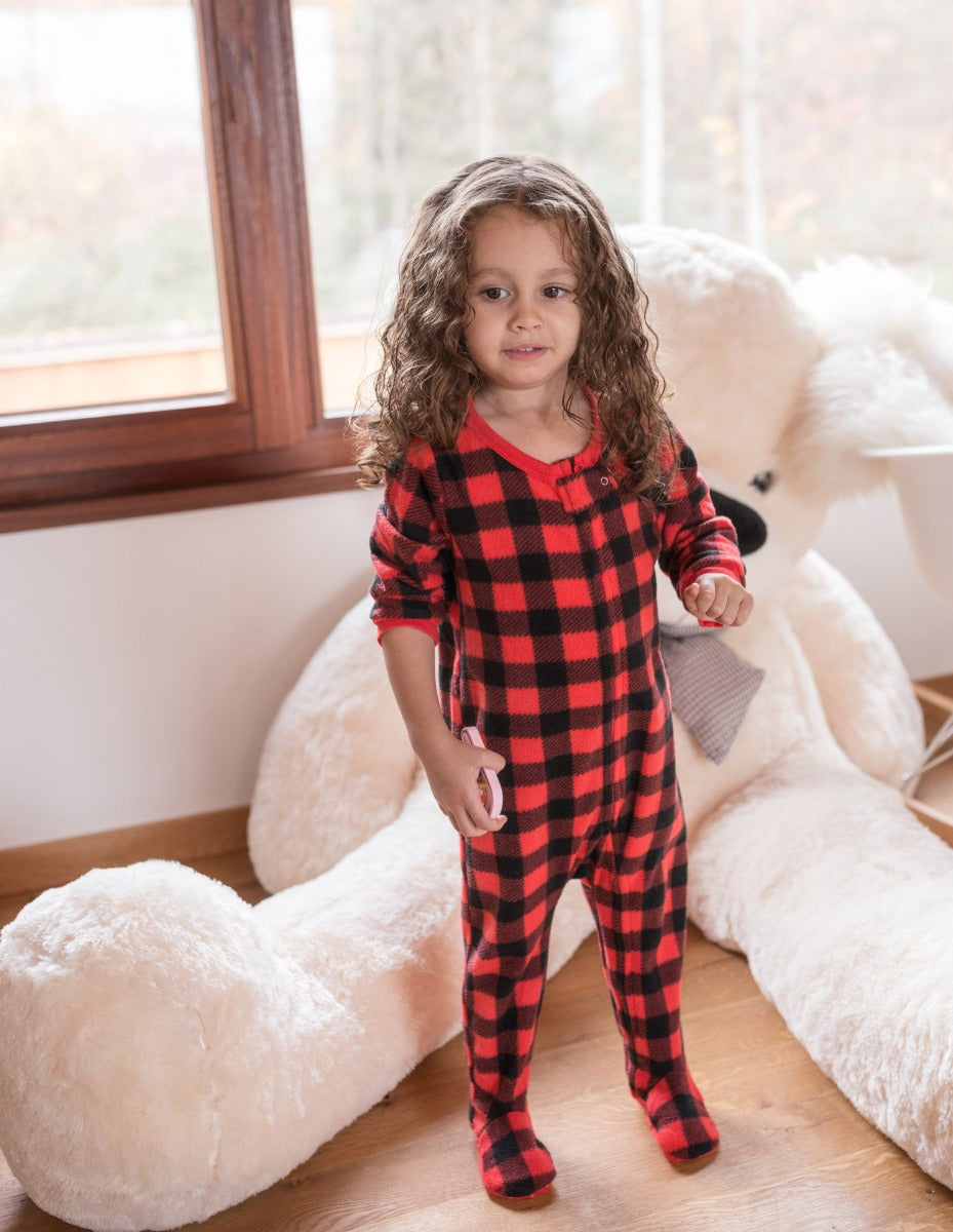Kid's Fleece Red & Black Plaid Footed Pajamas