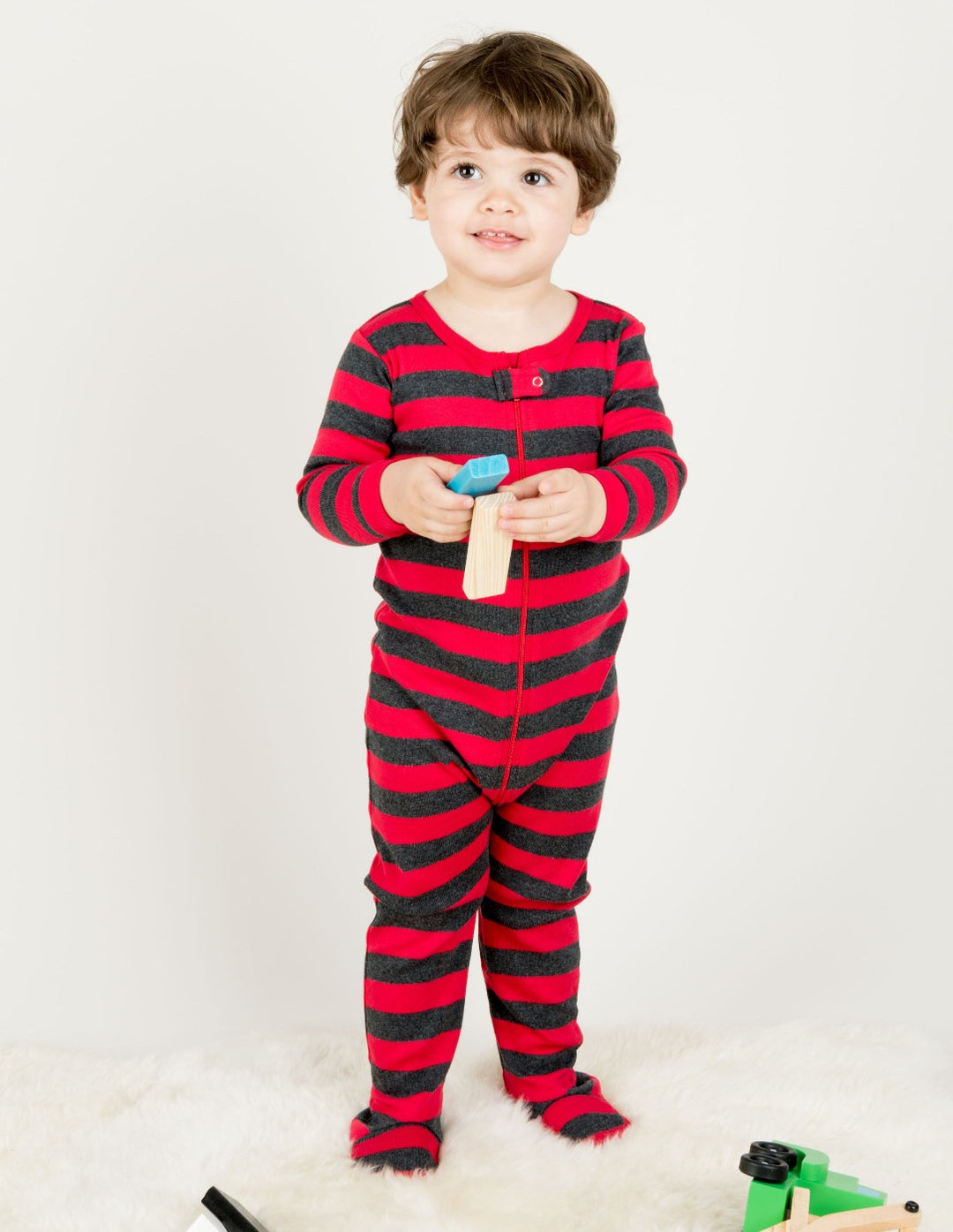 red and grey striped baby footed pajama