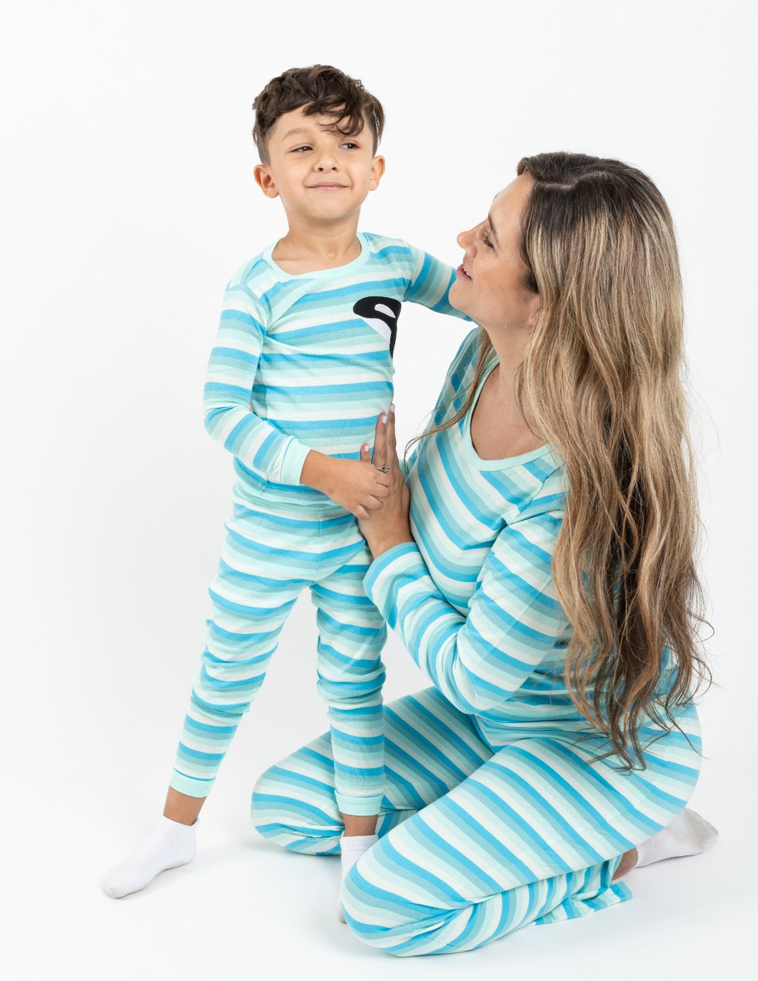 matching family blue striped pajamas