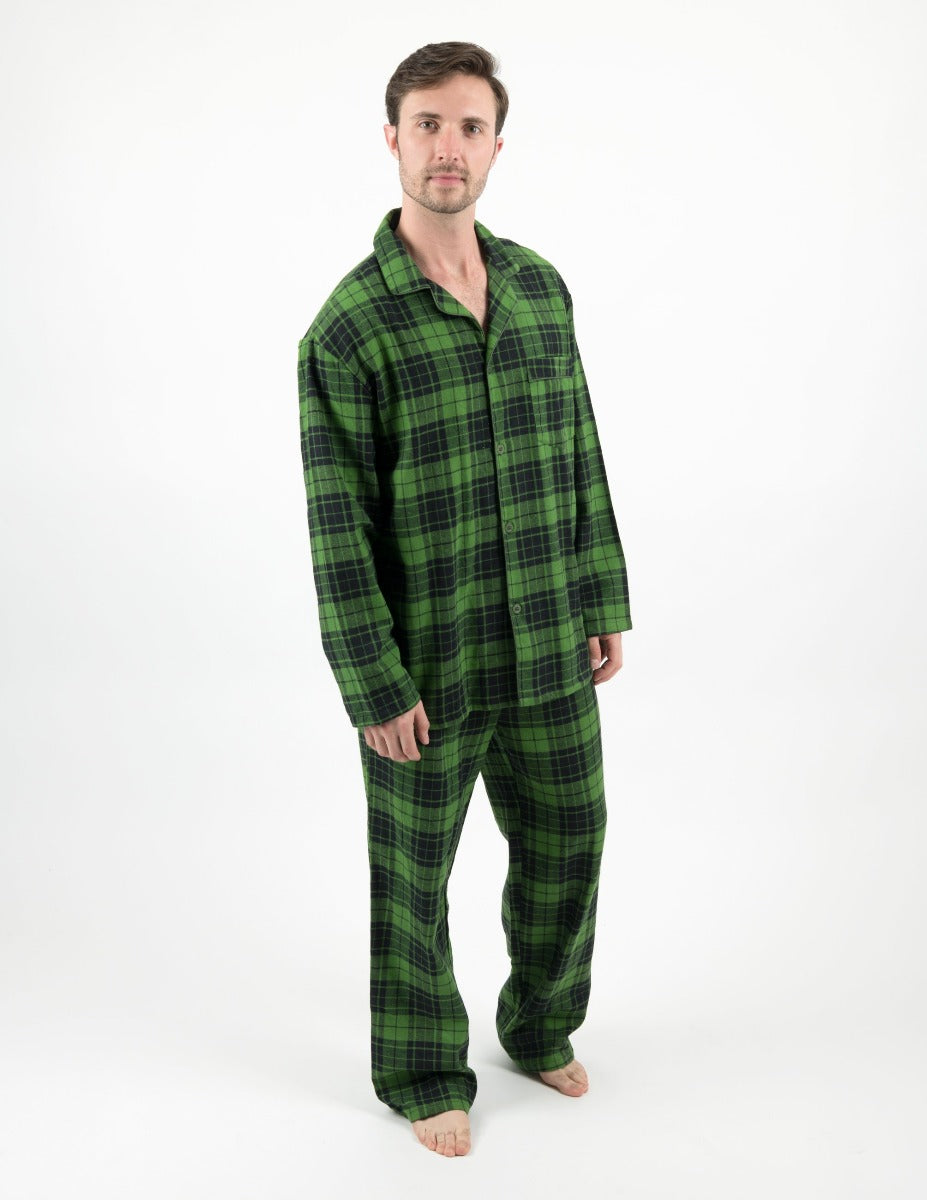 Mens Black & Green Plaid Flannel Pajamas