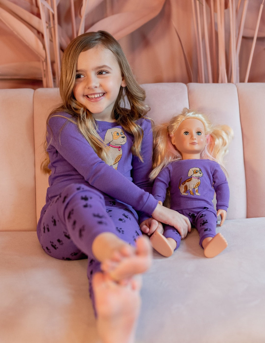 purple dog paw print girl and doll cotton pajama