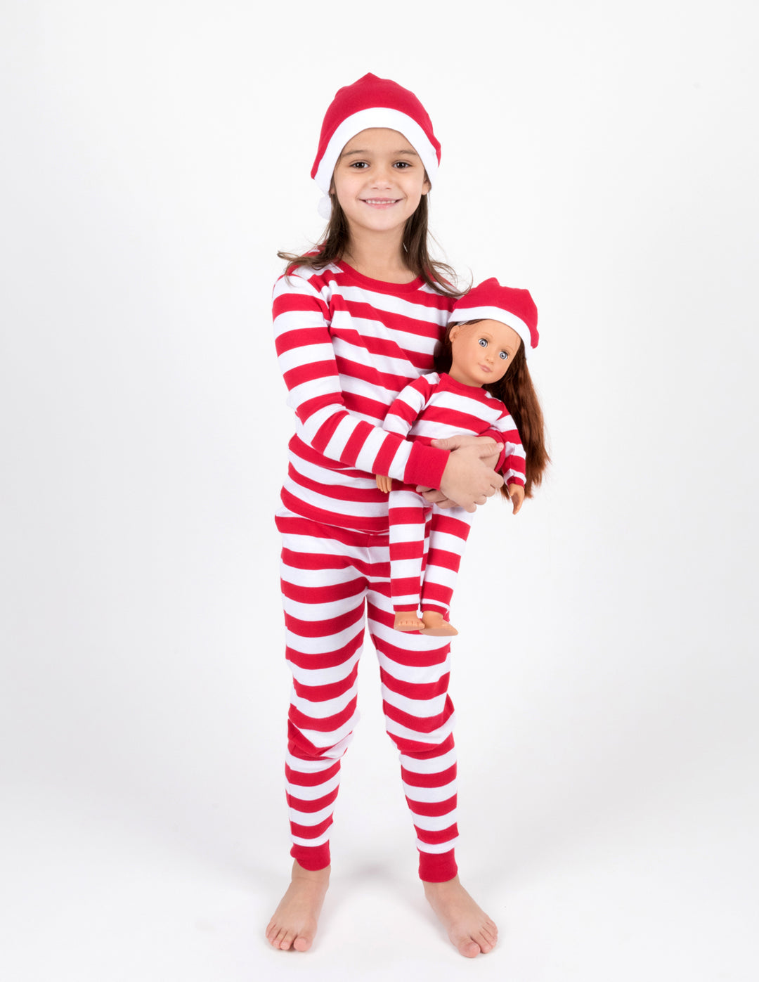 red and white striped girl and doll pajamas
