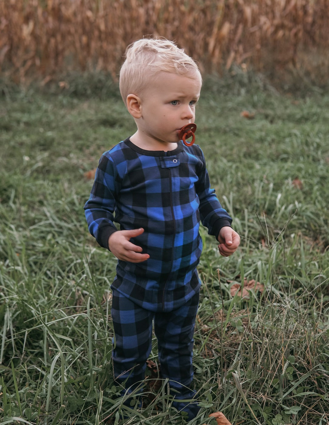 Leveret Kids Footed Black Navy Plaid Pajamas – Leveret Clothing