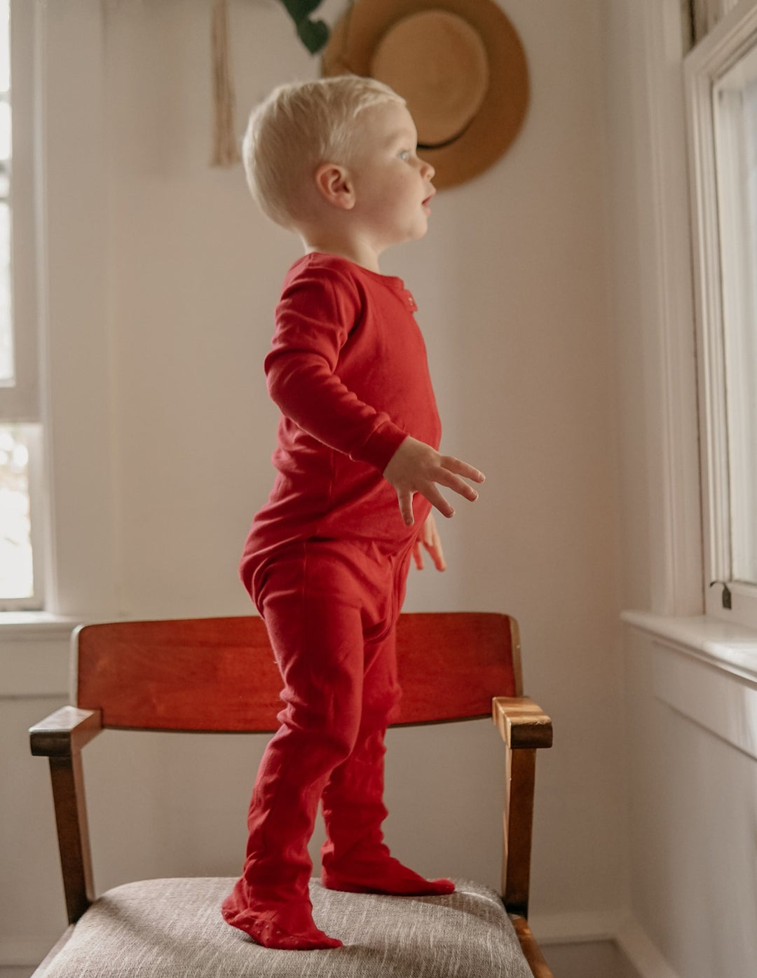 red solid color baby footed pajamas