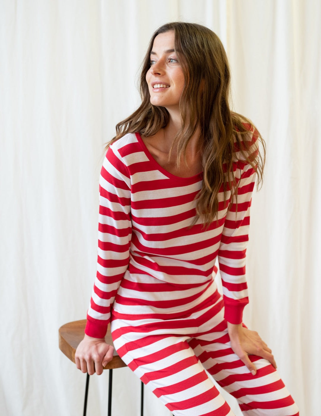 Women's Two Piece Red & White Stripes Cotton Pajamas