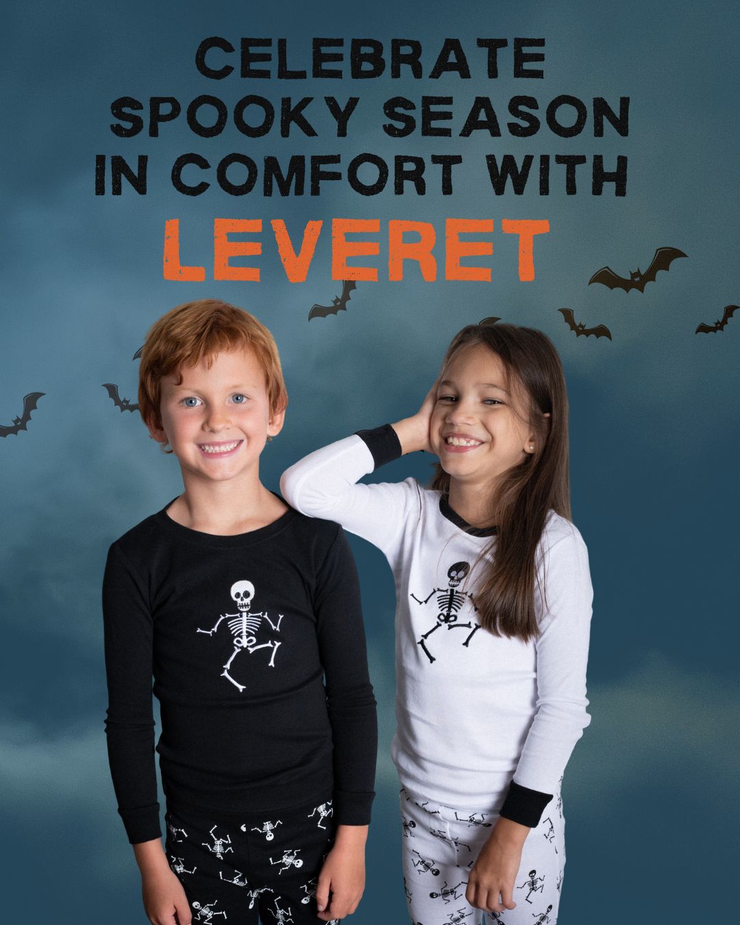 celebrate spooky season in comfort with leveret. a boy and girl in skeleton pajamas