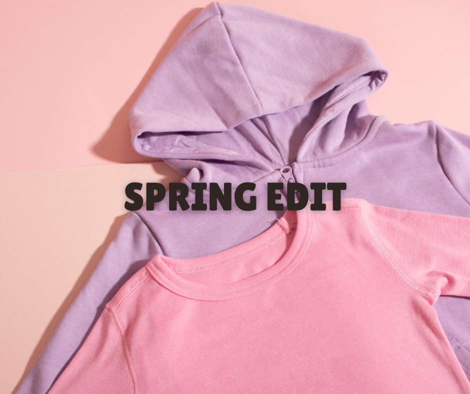 purple and pink solid basics with 'spring edit' text