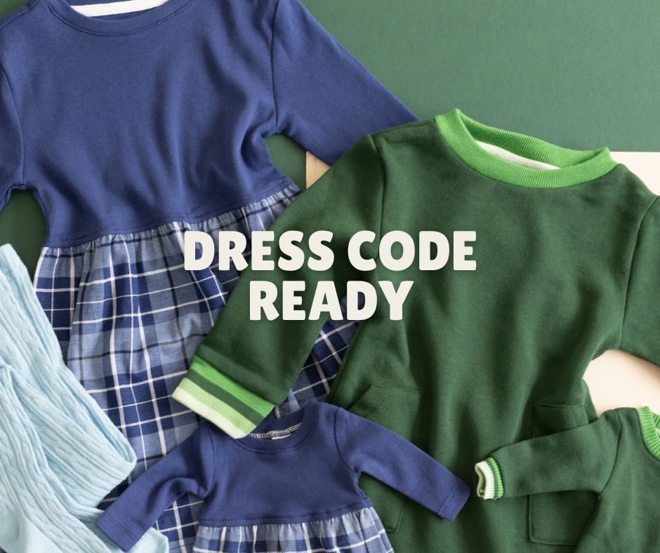 Children's clothing with 'Dress Code Ready' text on a green background

