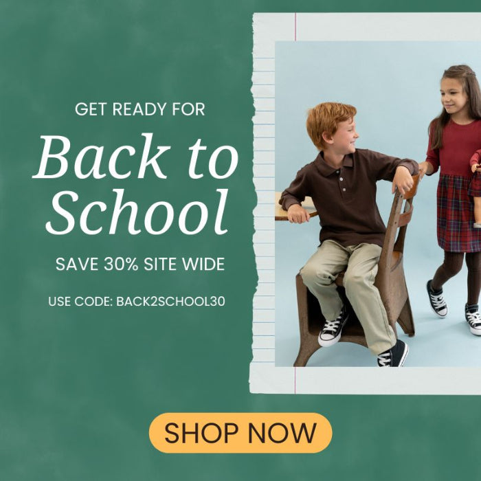 Back to School promotional graphic with a dark green chalkboard-style background, large white text reading 'GET READY FOR Back to School', a torn-edge photo of two children in school clothes on the right, and a yellow 'SHOP NOW' button at the bottom.