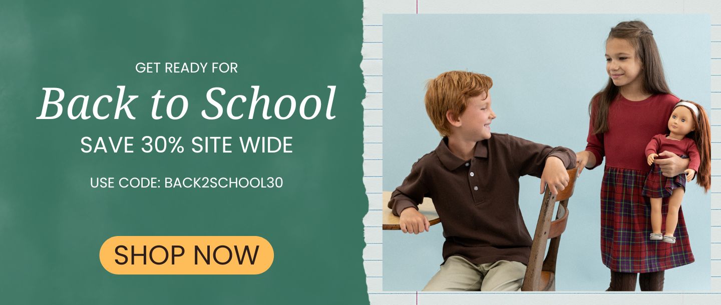 Back to School promotional banner with a dark green left panel containing white text and a yellow 'SHOP NOW' button, and a right panel showing a boy and a girl holding a doll against a light blue background.