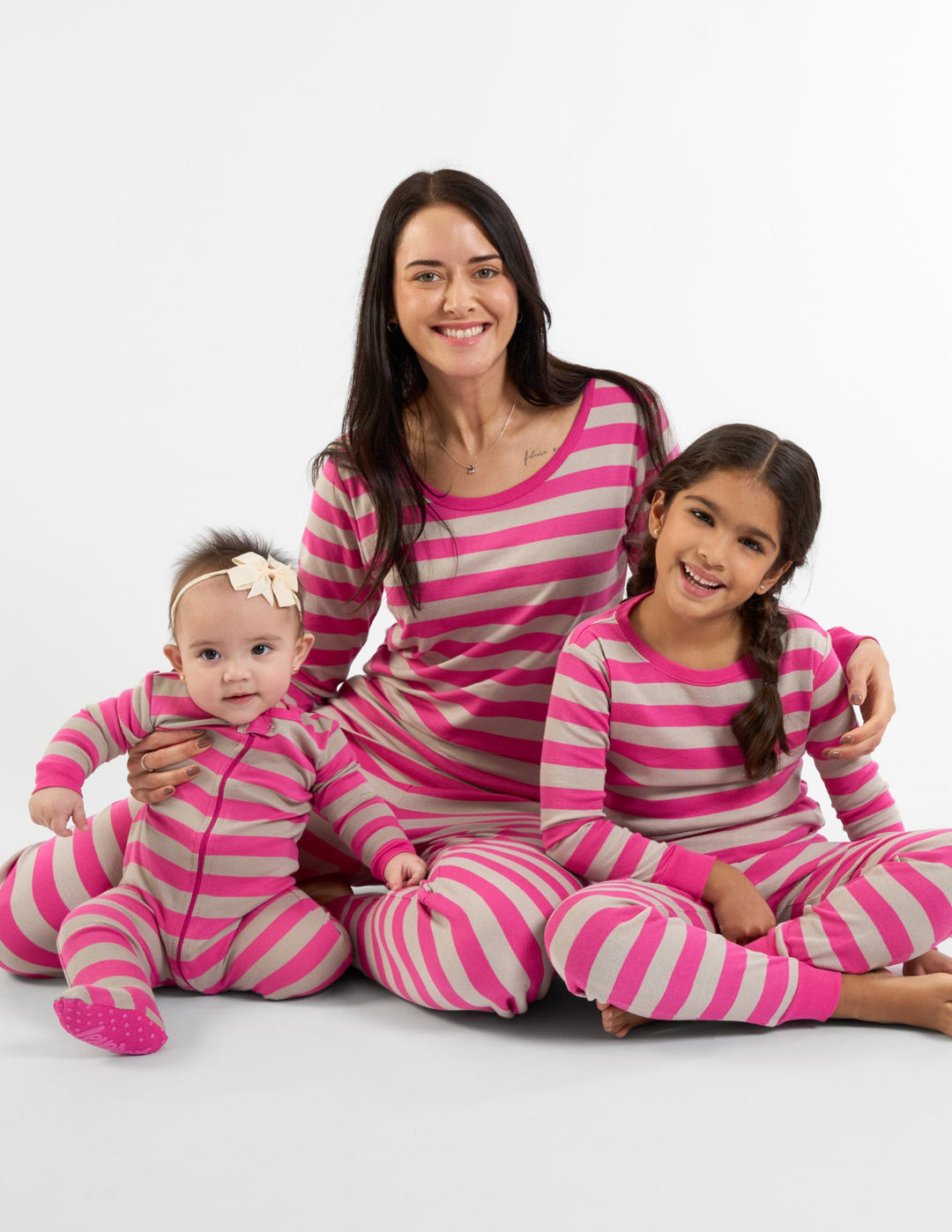 matching family pajamas in pink stripes