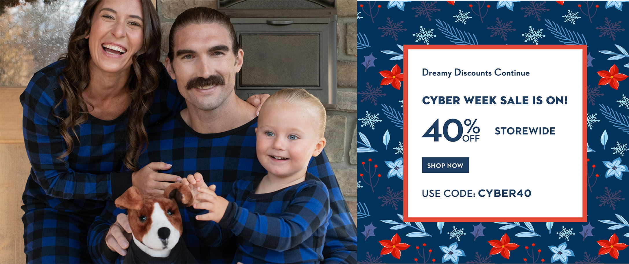 Cyber Week Sale! 40% off storewide, use code cyber40. Mom, dad, and son wearing black and navy plaid pajamas
