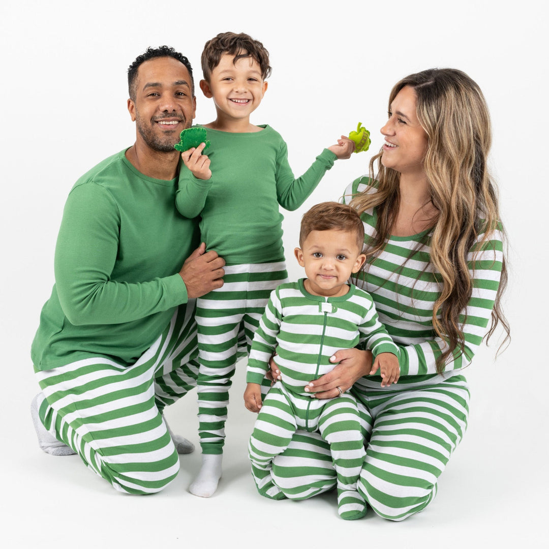 family in green striped pajamas