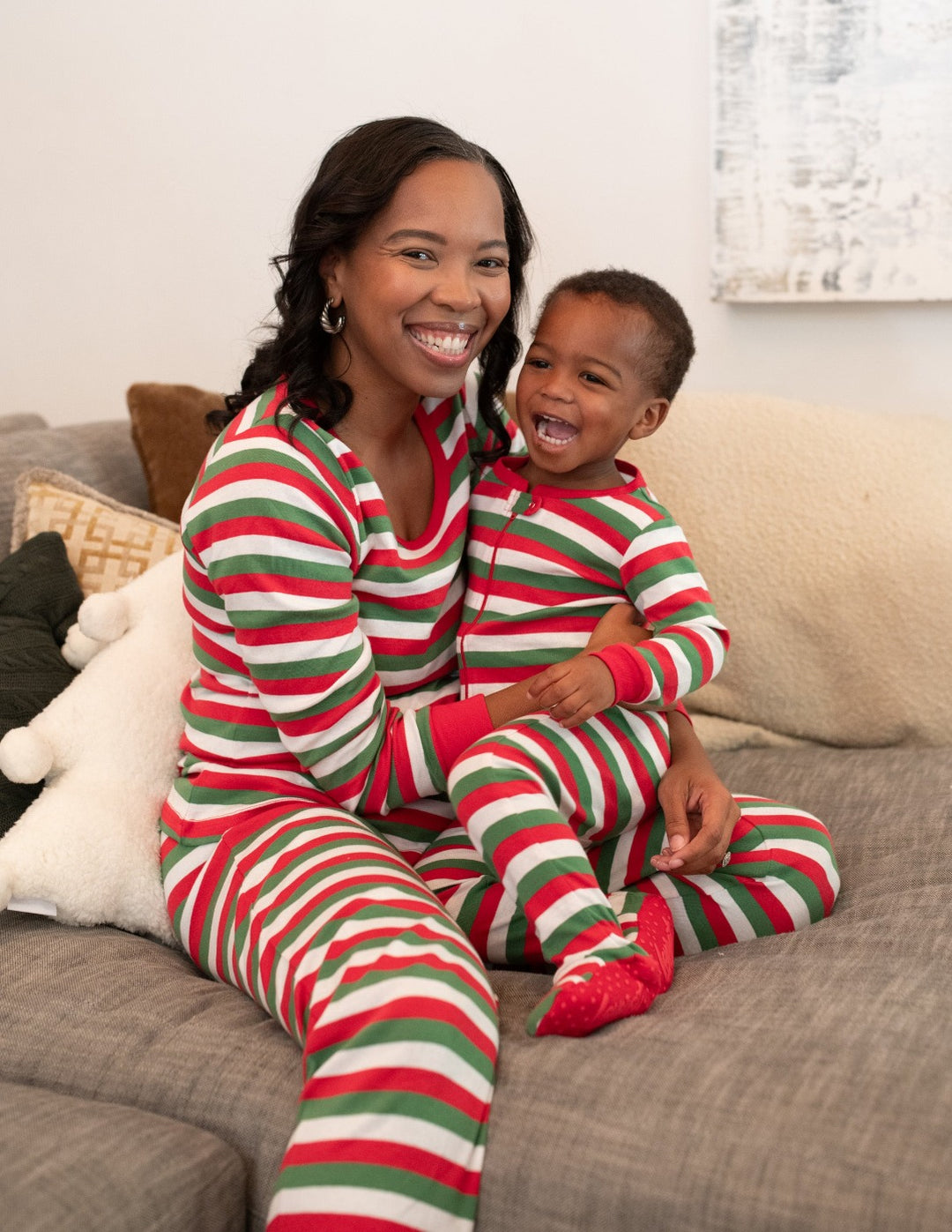 red white and green striped matching family pajamas