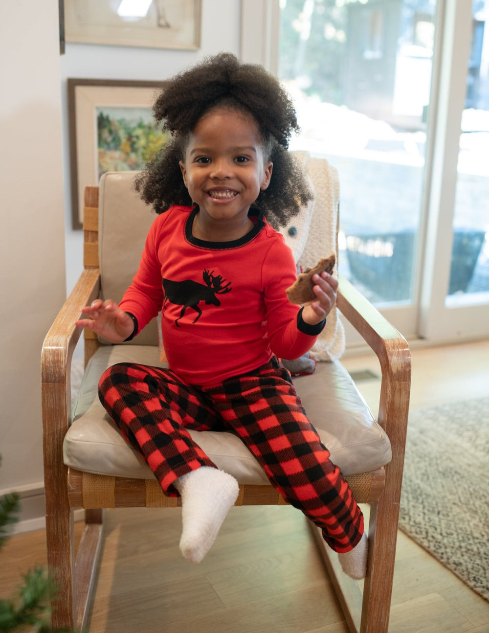 red and black plaid and moose fleece cotton kids pajama