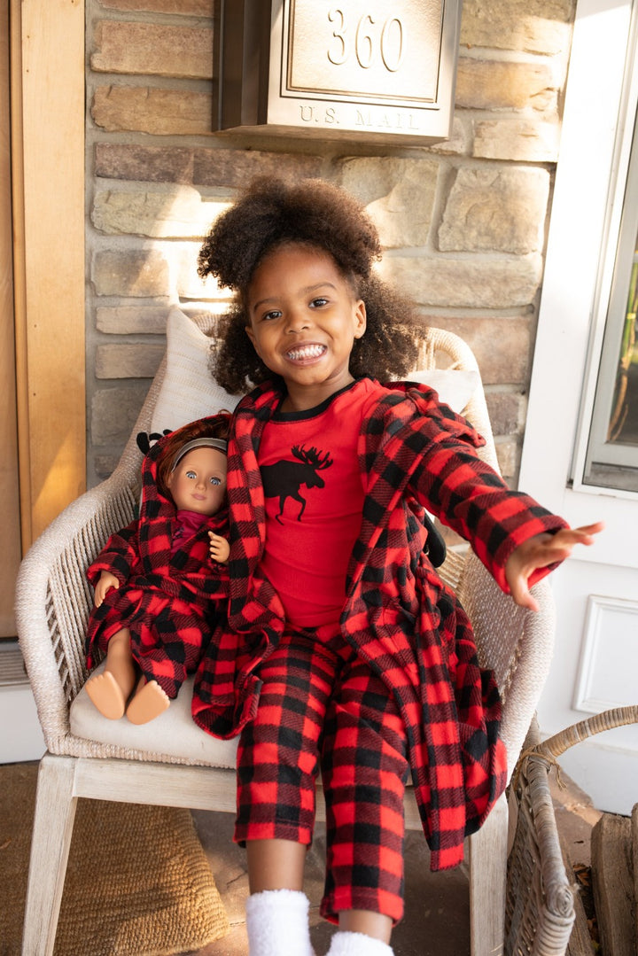 red and black plaid moose girl and doll fleece robe
