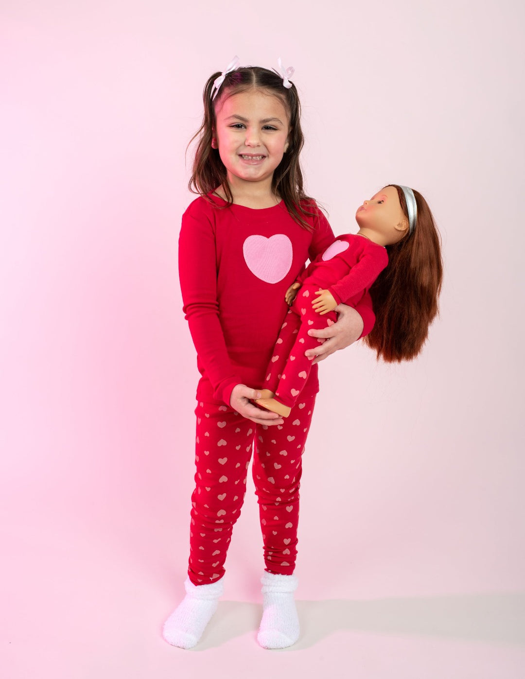 red hearts girl and doll pajamas