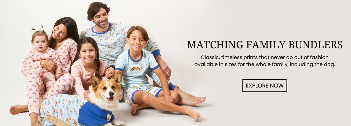Matching Family Bundlers. Classic, timeless prints that never go out of fashion available in sizes for the whole family, including the dog. 