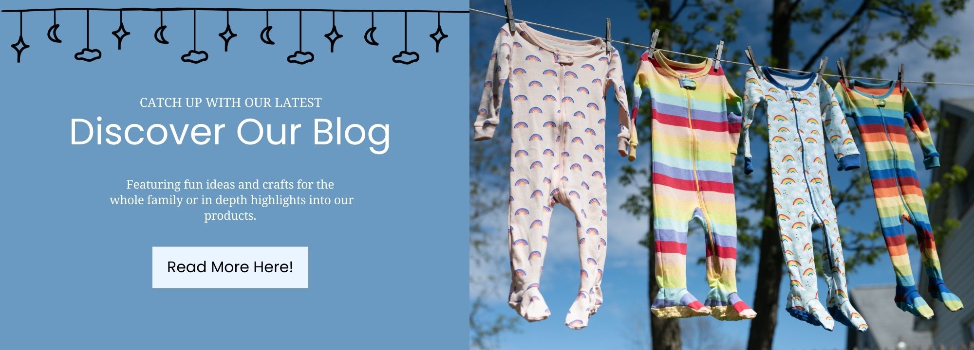 discover our blog; four footed pajamas, retro rainbow print, girl and boy rainbow stripes, and light blue rainbow print