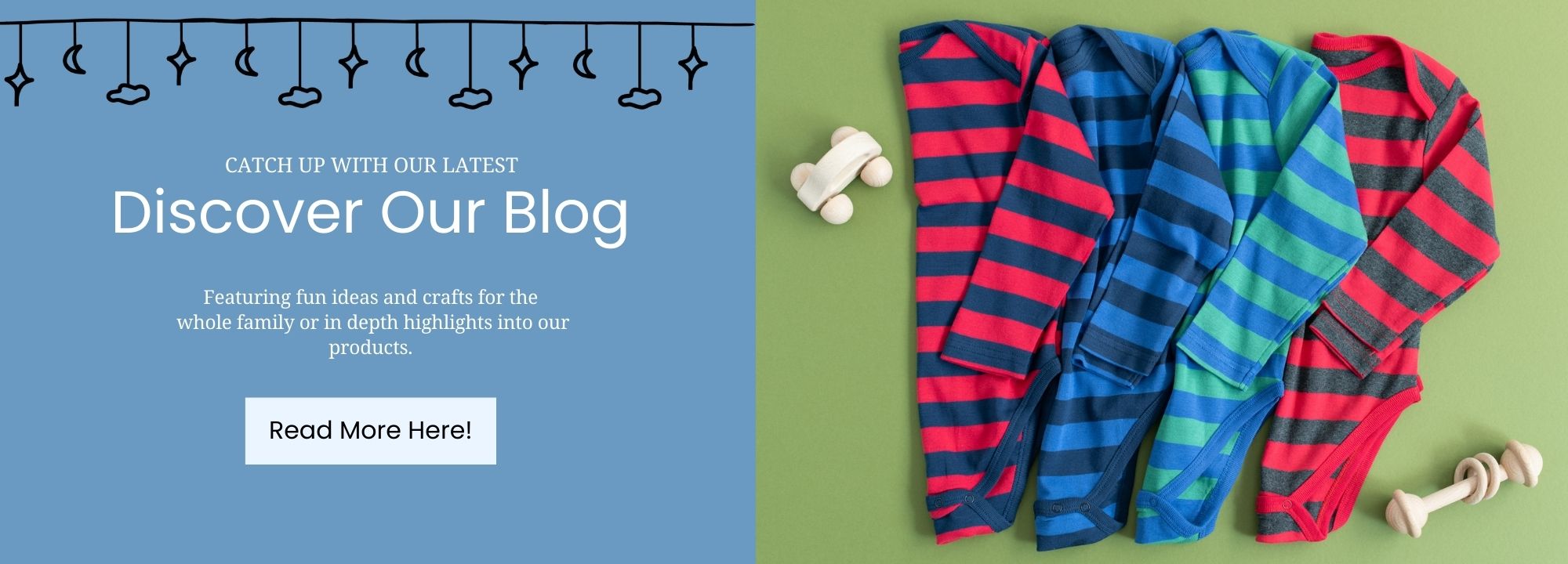 discover our blog; four baby bodysuits, red and navy blue stripes, blue and navy stripes, blue and green stripes, and red and grey stripes