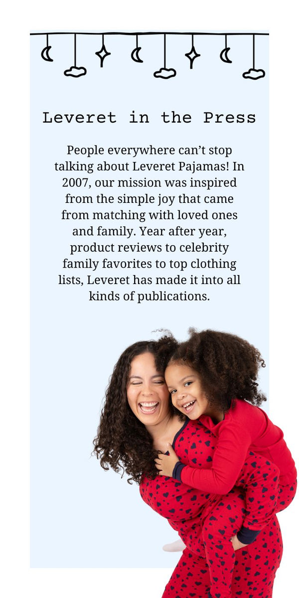 leveret in the press, mom and daughter wearing matching red and navy heart pajamas