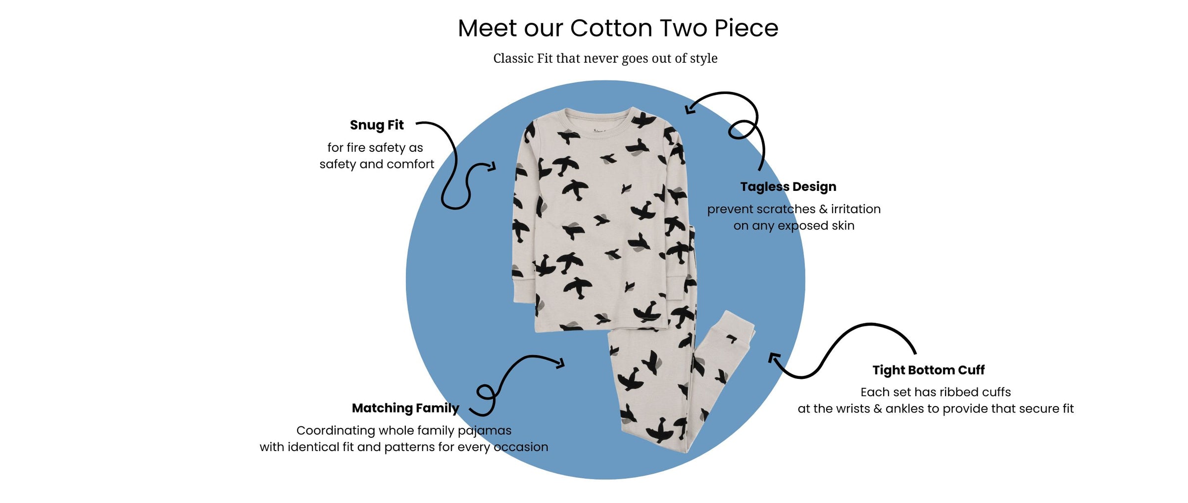 Meet our kids cotton two piece pajamas, grey bird print pajamas