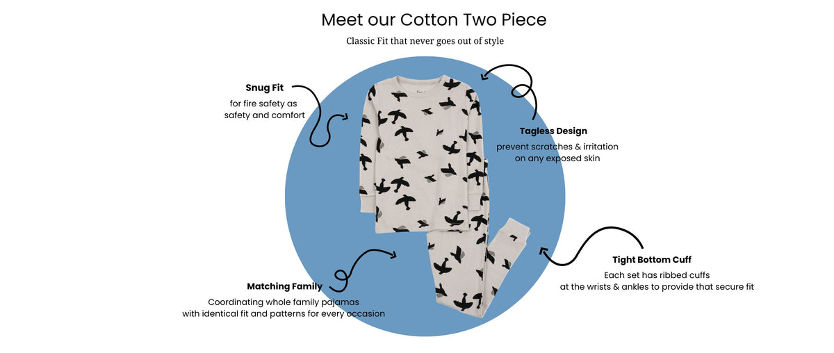 Meet our kids cotton two piece pajamas, grey bird print pajamas