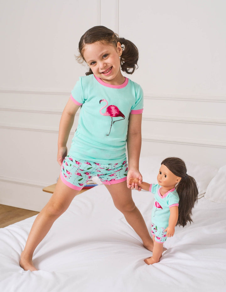 girl and doll aqua flamingo pajamas