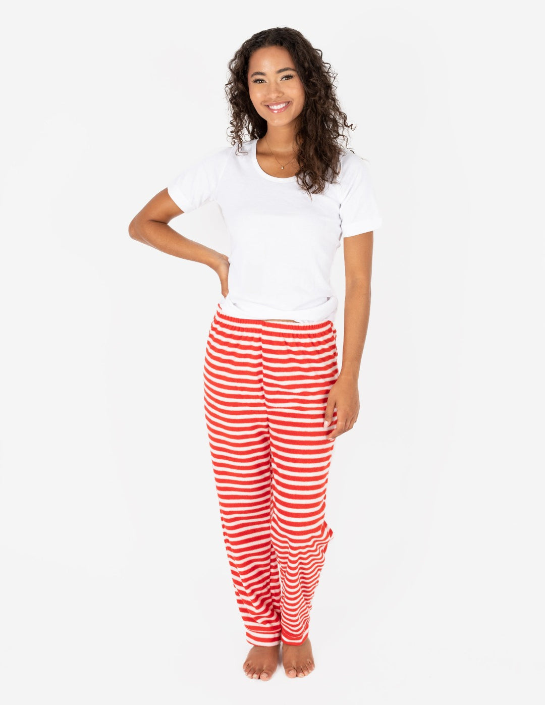 red and white striped women's fleece pants