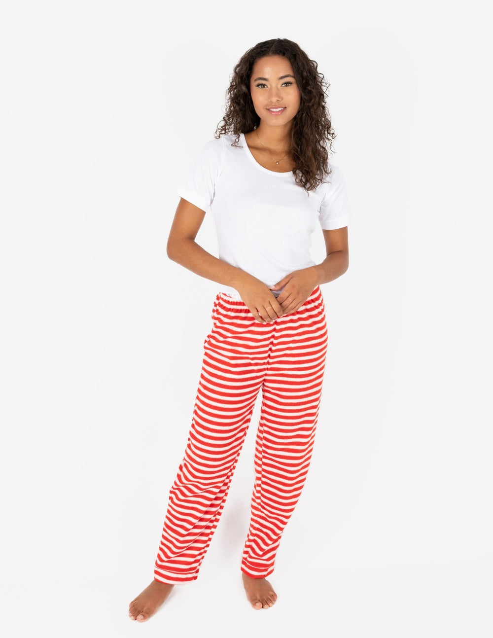 red and white striped women's fleece pants