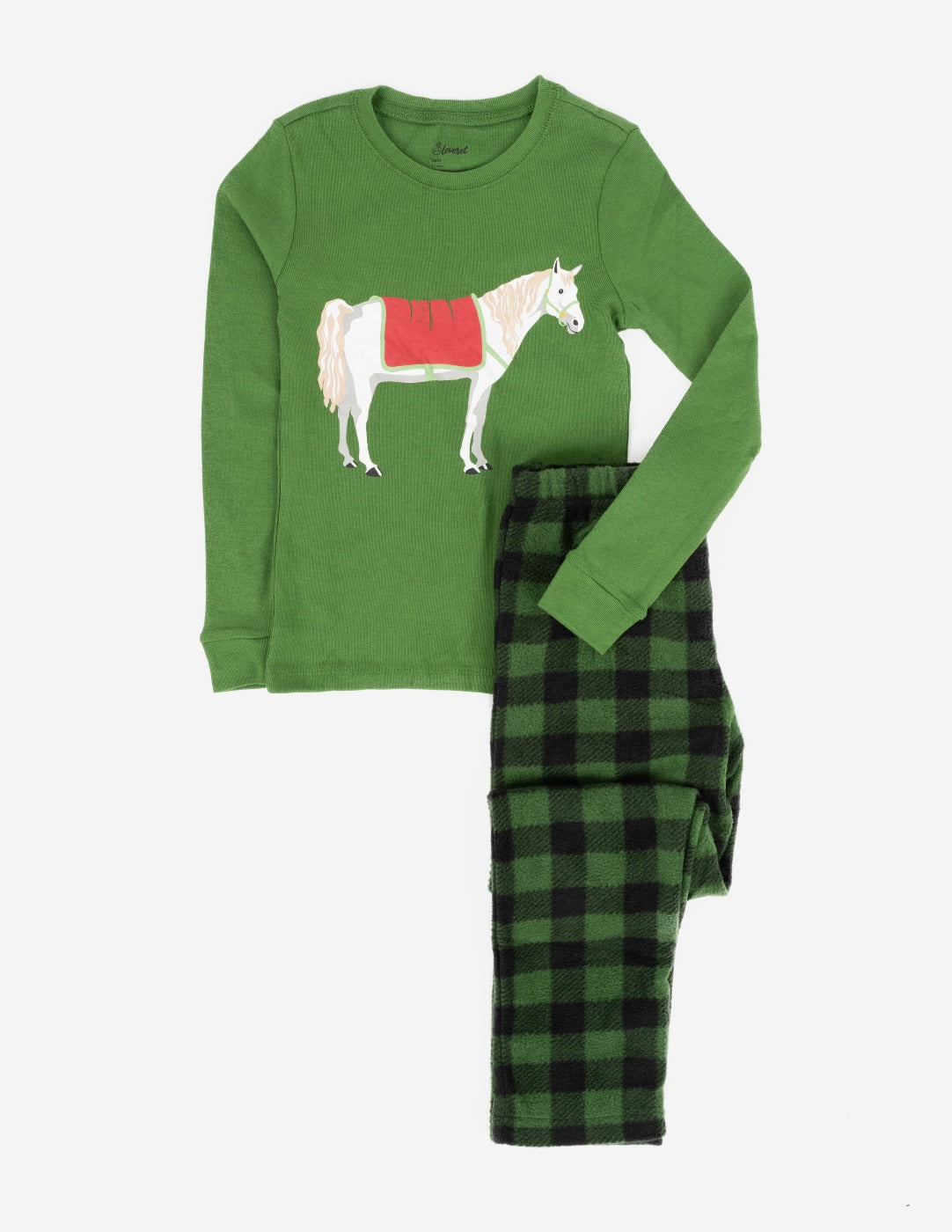 green and black plaid kids horse fleece pajama