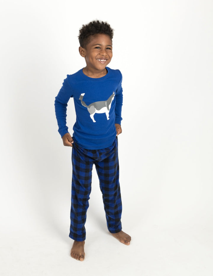 black and blue plaid husky kids fleece and cotton pajamas