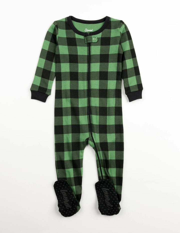 green and black plaid baby footed pajamas