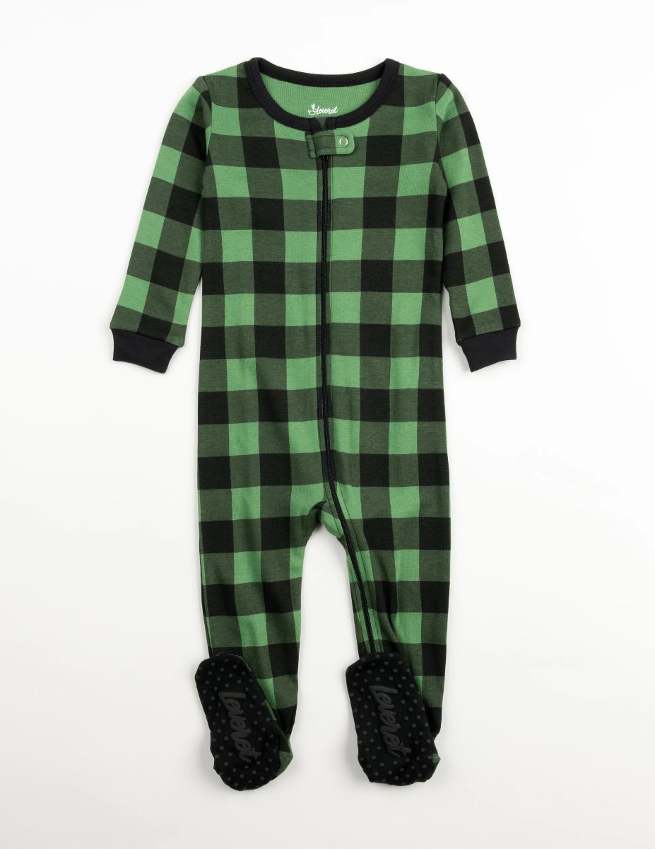 Kid's Footed Black & Green Plaid Pajamas