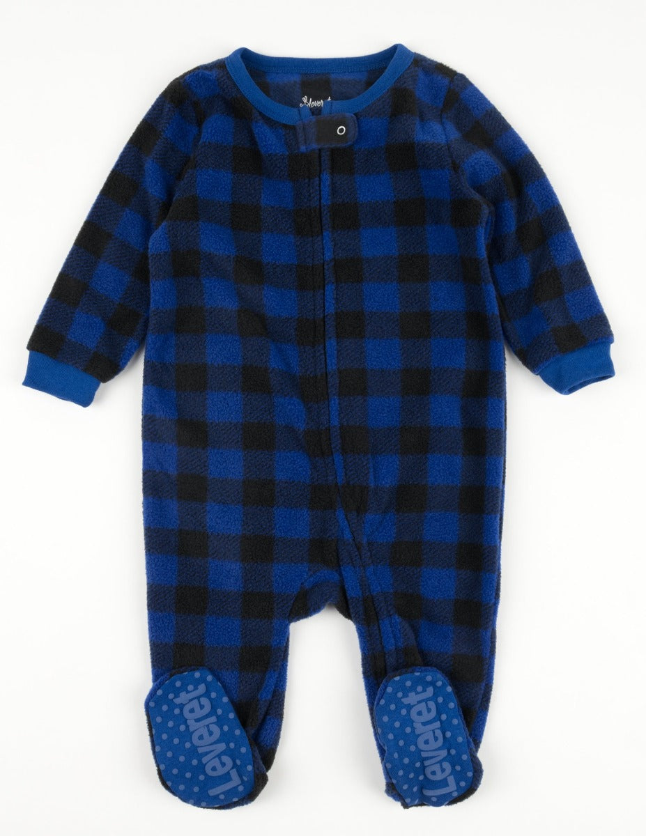 black and navy fleece baby footed pajamas
