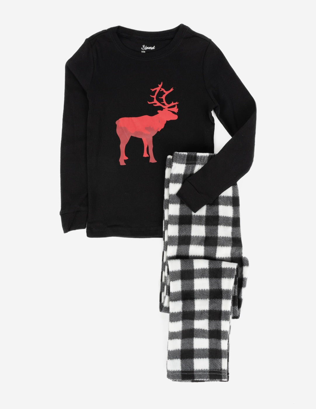 black and white plaid reindeer kids fleece pajamas
