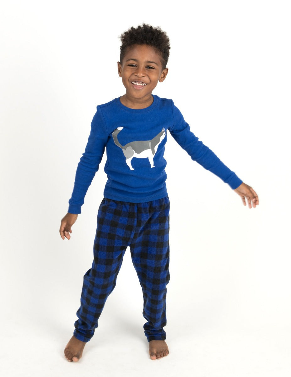 black and blue plaid husky kids fleece and cotton pajamas