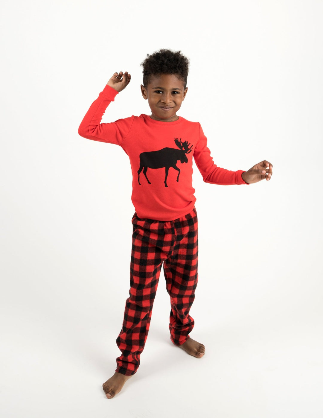 red and black plaid and moose fleece cotton kids pajama