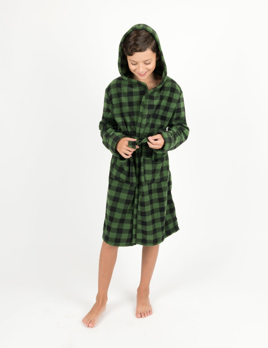 green and black plaid kids fleece robe