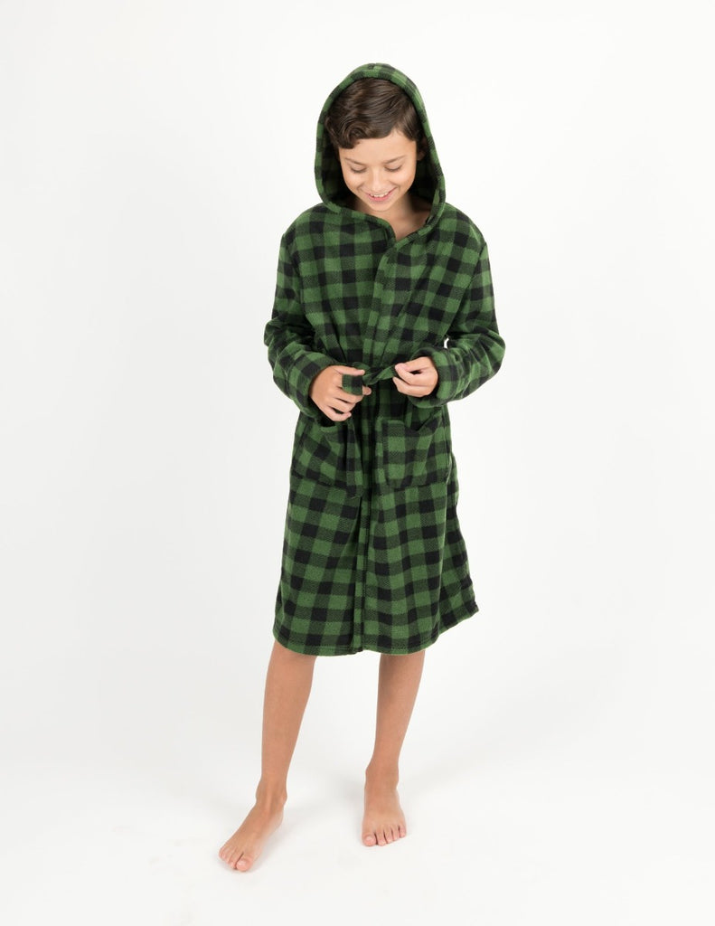 Kids Black & Green Plaid Fleece Hooded Robe