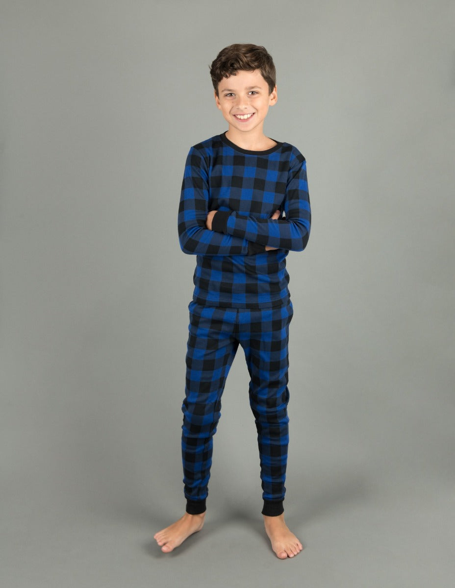 black and navy plaid kids cotton pajamas