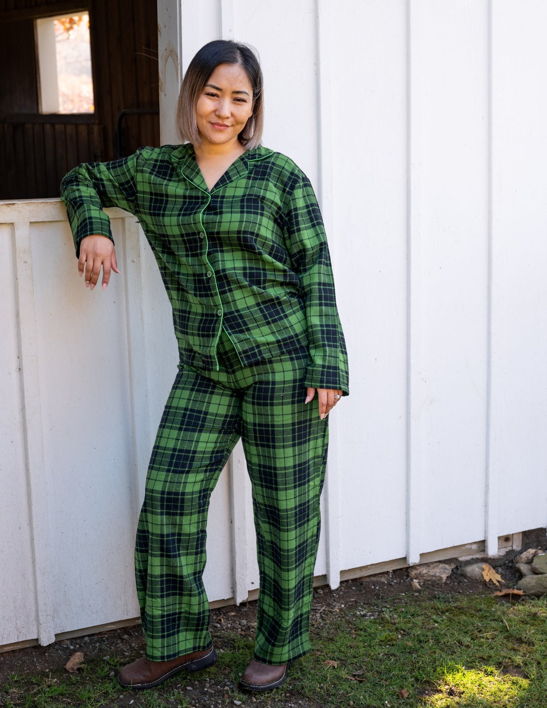 green and black plaid flannel women's pajama