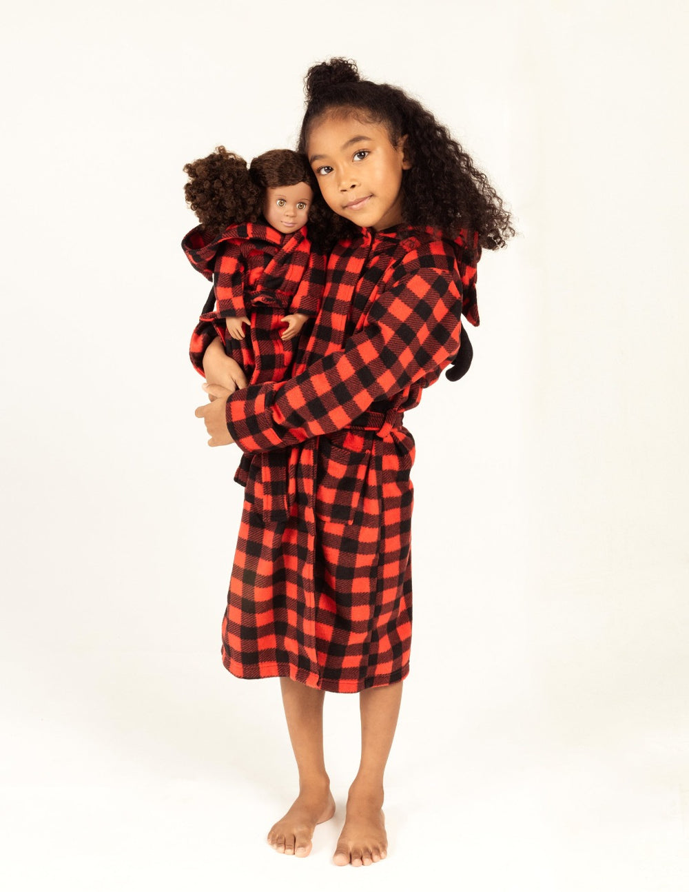 red and black plaid moose girl and doll fleece robe