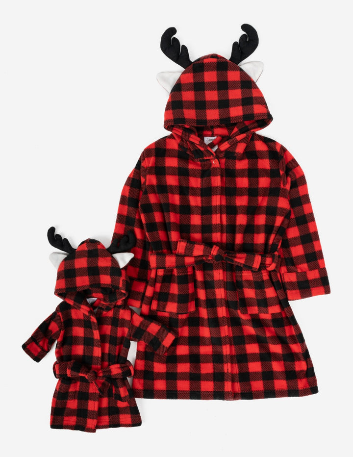 red and black plaid moose girl and doll fleece robe