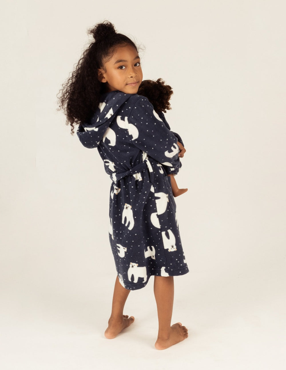 navy polar bear girl and doll fleece robe